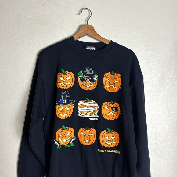Vintage 1990s Tultex Happy Halloween Sweatshirt Emoji Witch Mummy Pirate large - Picture 3 of 8